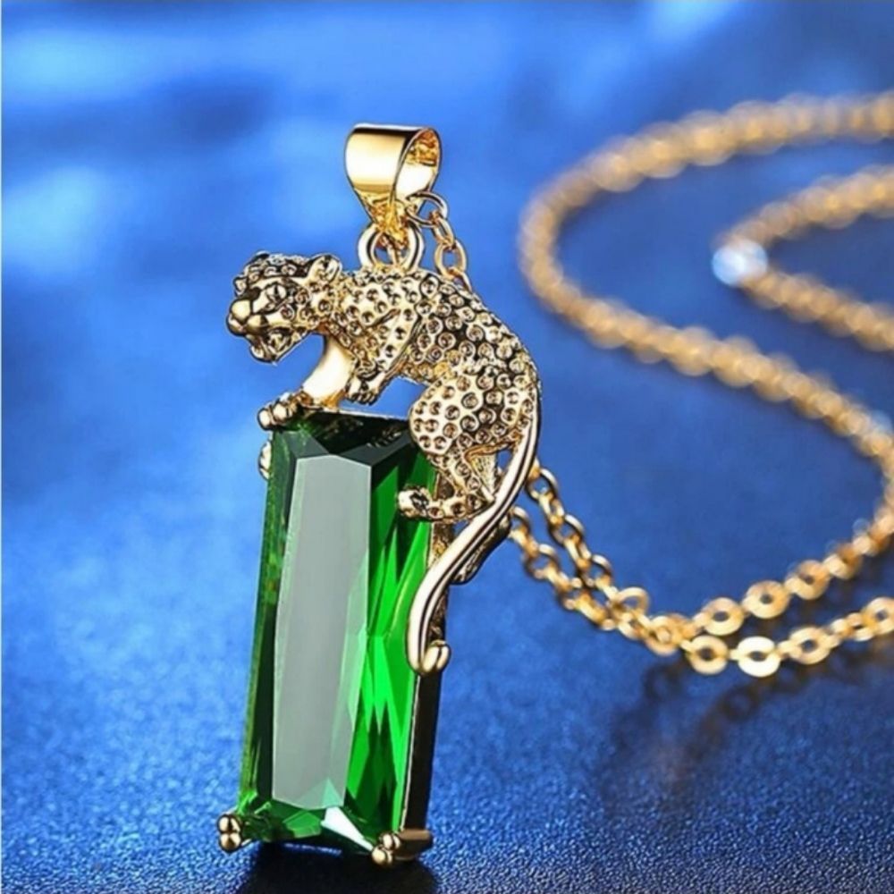 Emerald Green Cubic Zirconia Leopard Charm Necklace